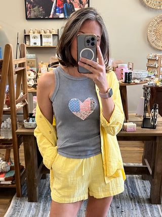 Heart Quilt Applique Blue Gray Knit Tank Top