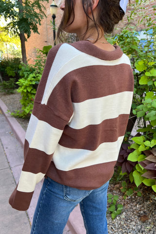 Brown Striped Sweater With Polo Collar