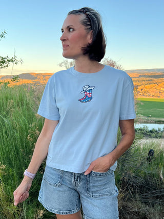 Women's Life Is Good USA Flag Cowboy Boots Short Sleeve Crusher Boxy Tee