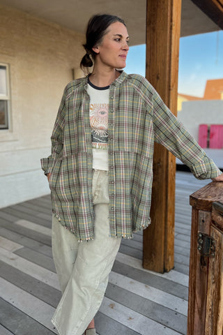 Sage Banded Collar Flannel Button Down