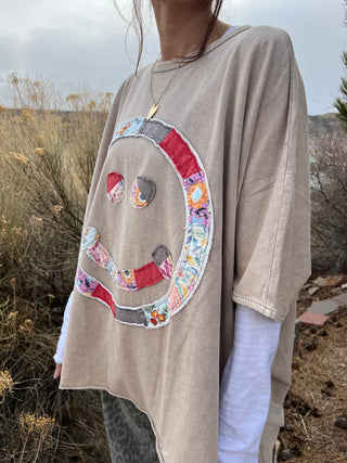 Mushroom All Smiles Patchwork Applique Oversized Top
