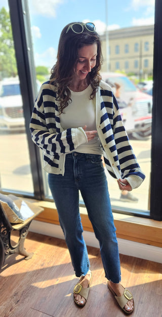 Navy Ivory Button Front Stripped Sweater