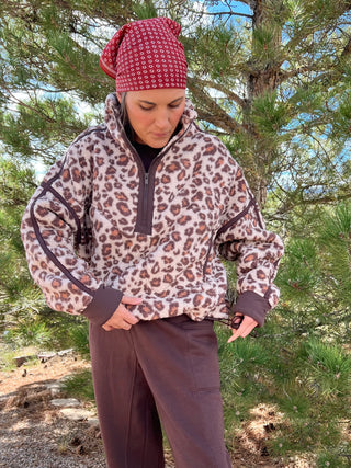 Leopard Print Sherpa Quarter Zip Jacket