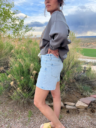 High Rise Midi Denim Shorts with Drawstring