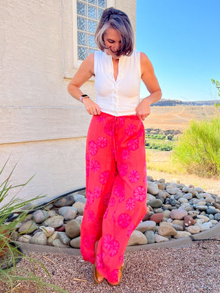 Red Orange Floral-Print Wide-Leg Drawstring Pocket Pants