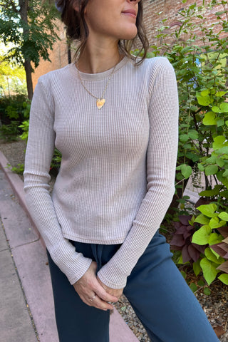 Light Taupe Mineral Wash Waffle Knit Long Sleeve Top