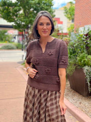 Espresso Short Sleeve Flower Patch Sweater