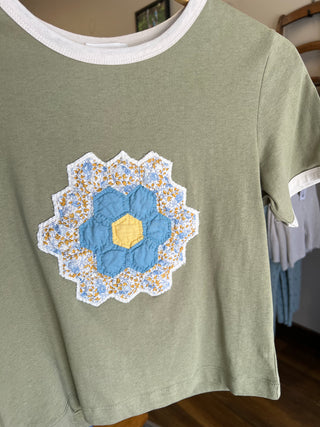 Green Fig Quilt Piece Short Sleeve Ringer Tee