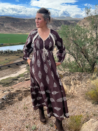 Brown Embroidered Lace Trim Maxi Dress