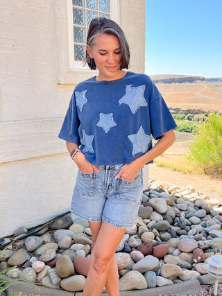 Denim Blue Raw Edge Star Patch Top