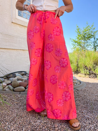 Red Orange Floral-Print Wide-Leg Drawstring Pocket Pants