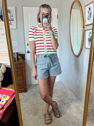 Red Striped Short Sleeve Cardigan With Scallop Edge