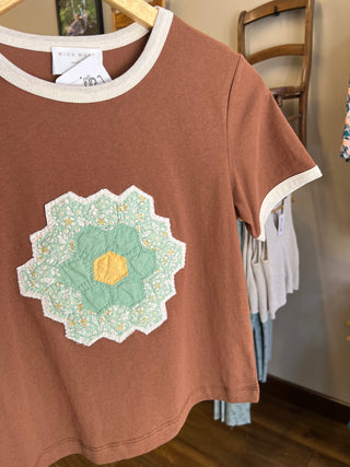 Cocoa Quilt Piece Short Sleeve Ringer Tee
