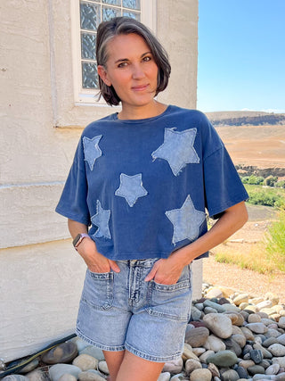 Denim Blue Raw Edge Star Patch Top