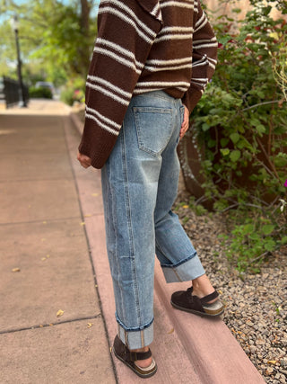 High Rise Cuffed Barrel Leg Jean
