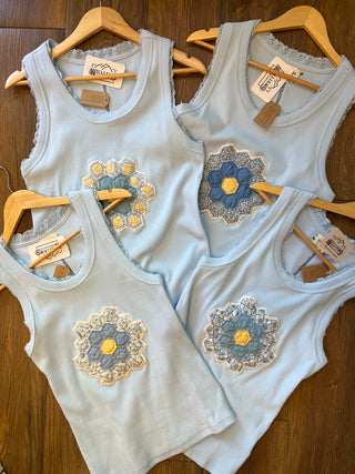 Sky Mist Quilt Piece Lace Trim Ribbed Tank Top