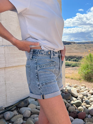 High Rise Tabbed Front Pocket Jean Shorts