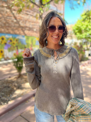 Embroidery Neck Detail Thermal Henley Top