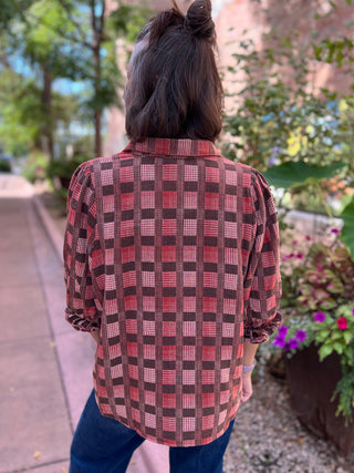 Textured Plaid Check Bubble Sleeve Top