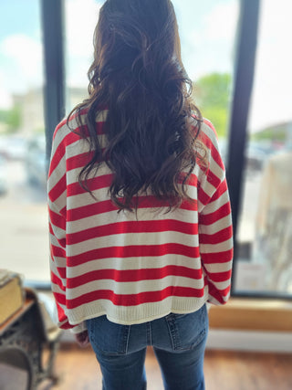 Red Ivory Button Front Striped Sweater