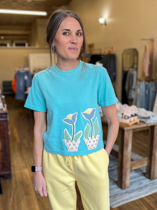 Tulip Quilt Applique Aqua Boxy Tee