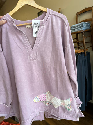 Fish Quilt Applique on Lilac Top