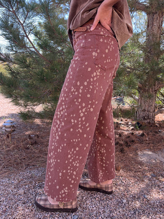 Deer Print Brown Wide Leg Denim Jeans
