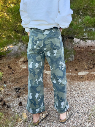High-Rise Wide Leg Crop Cuffed Camouflage Denim