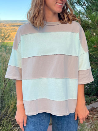 Sky Blue Oversized Colorblock Stripe Top