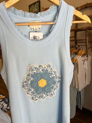 Sky Mist Quilt Piece Lace Trim Ribbed Tank Top