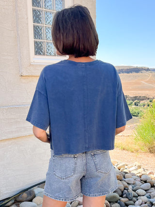 Denim Blue Raw Edge Star Patch Top