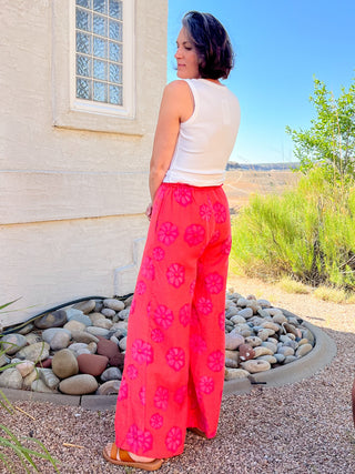 Red Orange Floral-Print Wide-Leg Drawstring Pocket Pants
