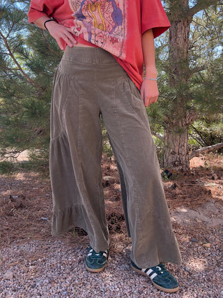 Olive Mineral-Washed Baby Corduroy Palazzo Pants