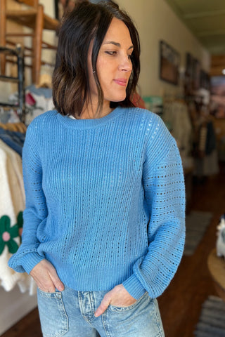 Blue Open-Knit Balloon Sleeve Sweater