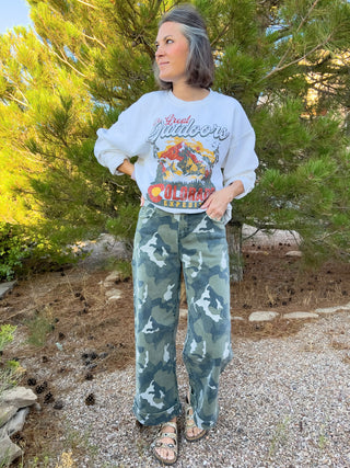 High-Rise Wide Leg Crop Cuffed Camouflage Denim