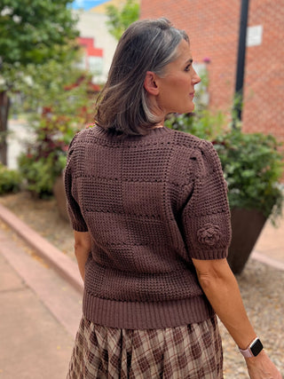 Espresso Short Sleeve Flower Patch Sweater