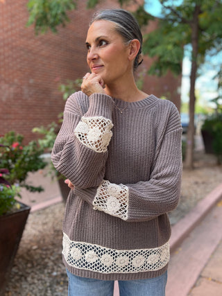 Mocha Crochet Hem Knit Sweater