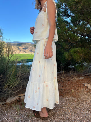 Sunset Field Embroidered Cotton Gauze Smocked Midi Skirt