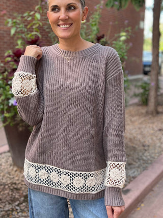 Mocha Crochet Hem Knit Sweater