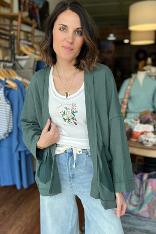 Textured Patchwork Open-Front Cardigan in Deep Green