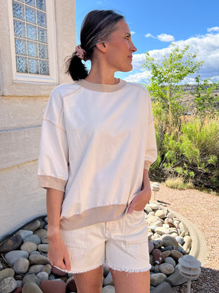 Cream Contrast Trim Raglan Short Sleeve Top