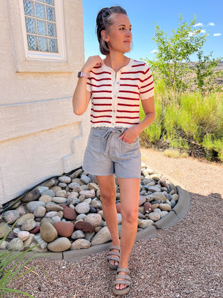 Red Striped Short Sleeve Cardigan With Scallop Edge