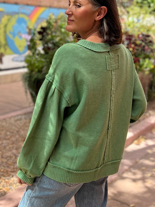 Green Button Down Washed Terry Jacket