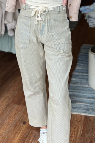 Stripe Cotton Denim Pants with Cotton Belt