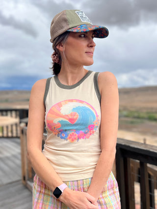 Graphic Ringer Tank Top - Cream Waves