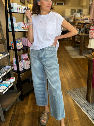High Rise Striped Raw Hem Barrel Jeans