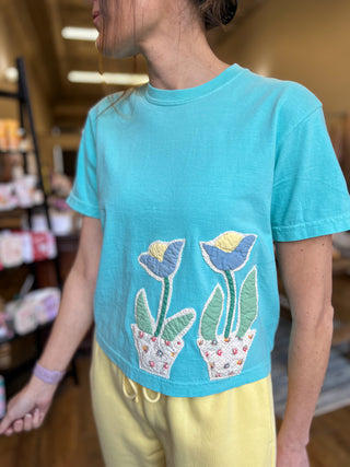 Tulip Quilt Applique Aqua Boxy Tee
