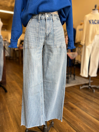 High Rise Striped Raw Hem Barrel Jeans