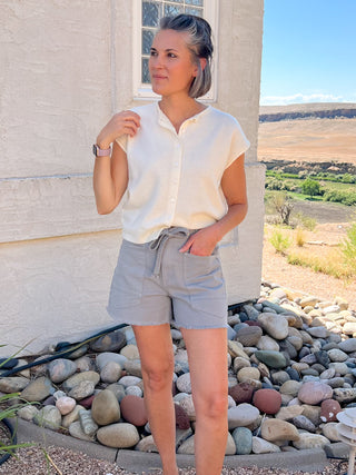 Vintage Blue High Waist Braid Belt Front Pocket Shorts
