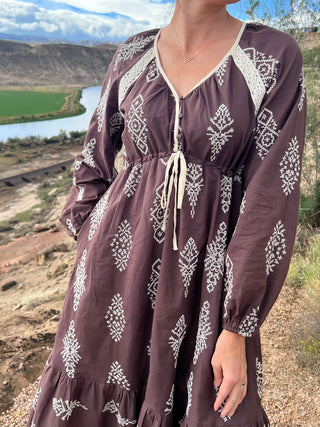 Brown Embroidered Lace Trim Maxi Dress